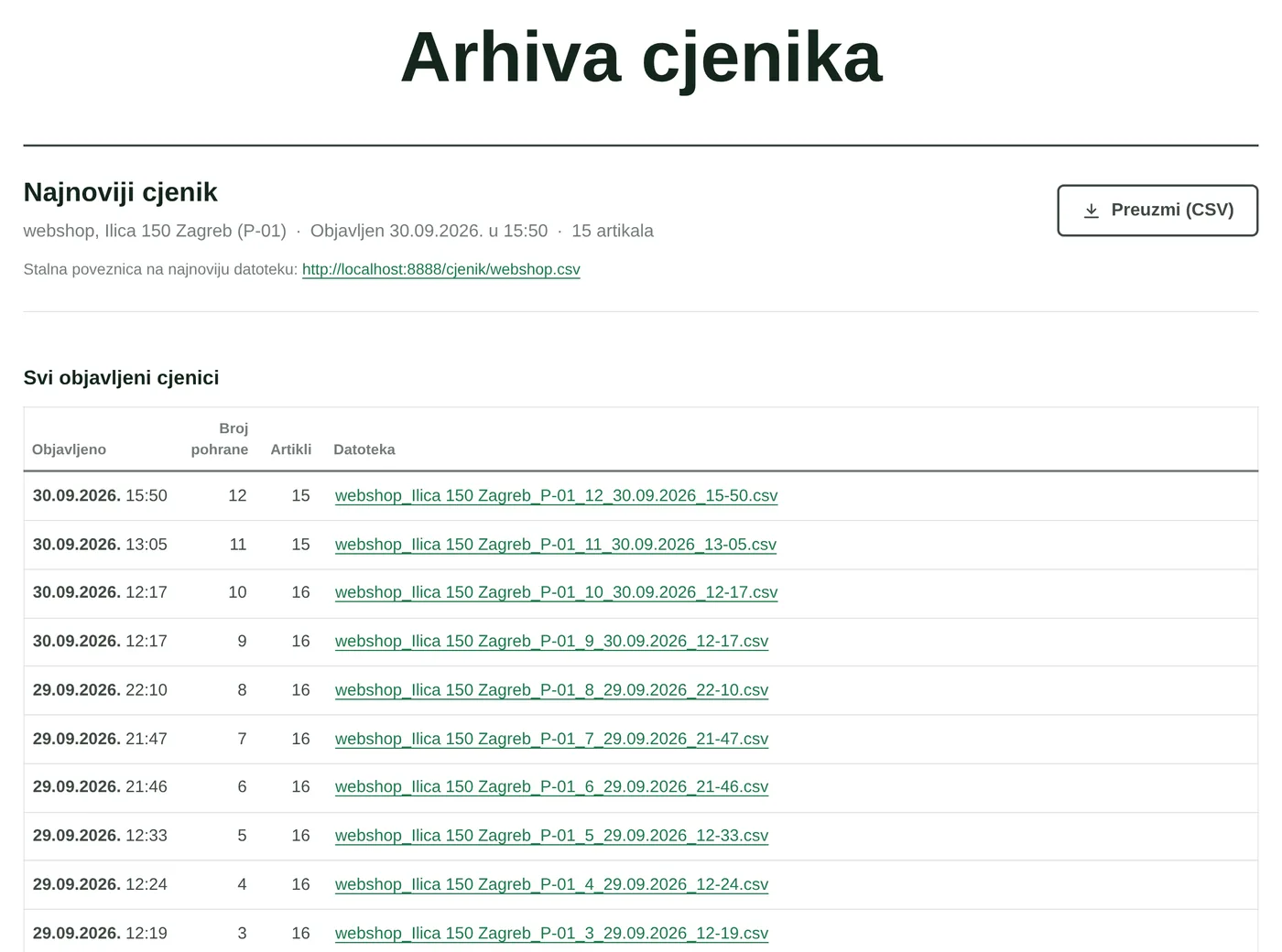 Stranica „Arhiva cjenika” u demo trgovini: najnoviji cjenik s gumbom „Preuzmi (CSV)” i stalnom poveznicom na najnoviju datoteku, a ispod popis svih objavljenih cjenika s vremenom objave, brojem pohrane, brojem artikala i poveznicom na datoteku.